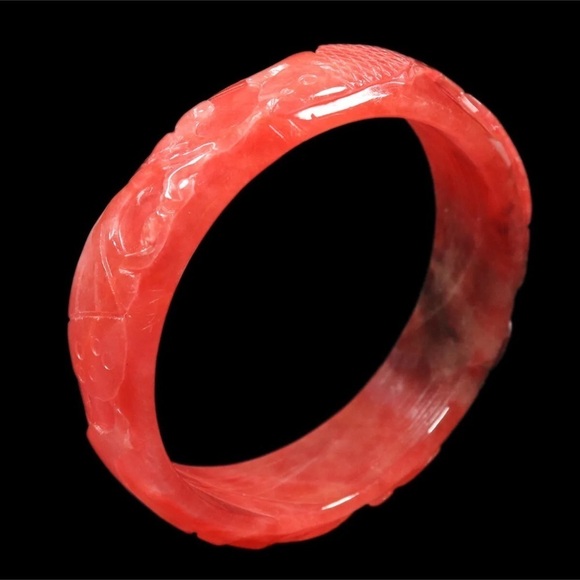 Rare Red Jadeite Jade Hand Carved 62mm Lotus Flower Ruyi Fish Bangle Bracelet - Picture 8 of 8